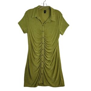 Wild Fable Shirt Dress Women L Olive Green Ruched Front Button Down Short Sleeve